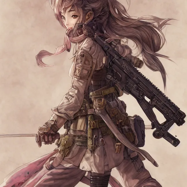 Image similar to the portrait of lawful neutral semi - colorful female infantry gunner as absurdly beautiful, gorgeous, elegant, young anime girl, an ultrafine hyperdetailed illustration by kim jung gi, irakli nadar, intricate linework, bright colors, octopath traveler, final fantasy, unreal engine 5 highly rendered, global illumination, radiant light, detailed and intricate environment