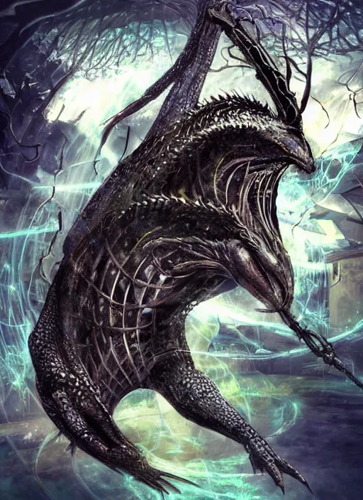 Image similar to basilisk of roko and the awakening of an ai with consciousness, surreal technological conceptual art magical cybernetic realism horro visions distopic and utopic art