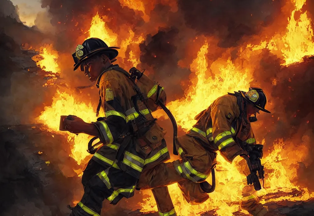 Image similar to heroic firefighter in action in black and yellow uniform, fire flames, sharp details, sharp focus, elegant, highly detailed, illustration, by jordan grimmer and greg rutkowski and 薯 子 imoko and wlop and maya takamura, intricate, art gta 5 cover