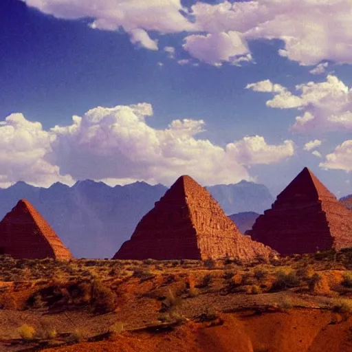 Image similar to the stone pyramids in the canyons are surrounded by mountains, a detailed matte painting by otto pilny, shutterstock contest winner, neo - primitivism, photo taken with ektachrome, playstation 5 screenshot, digitally enhanced, mexico