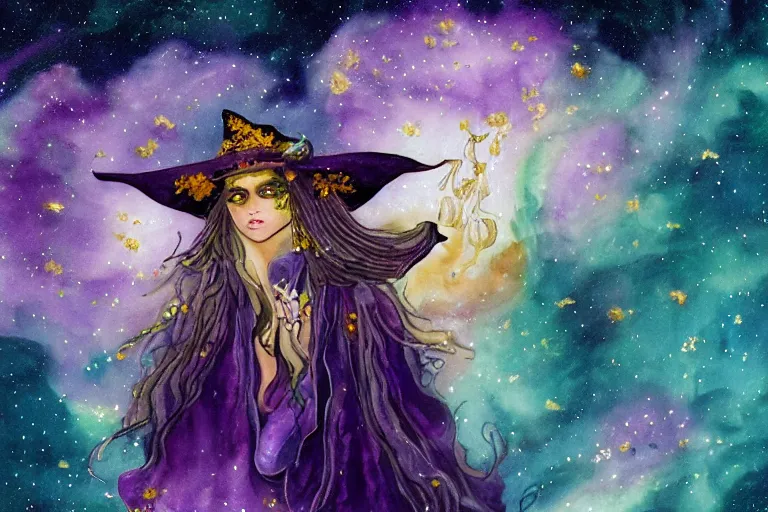 Prompt: a full shot witch with a long cloak and amethyst hat covered in intricate flowers and golden mushrooms in a galaxy and nebulae infused with pale clouds