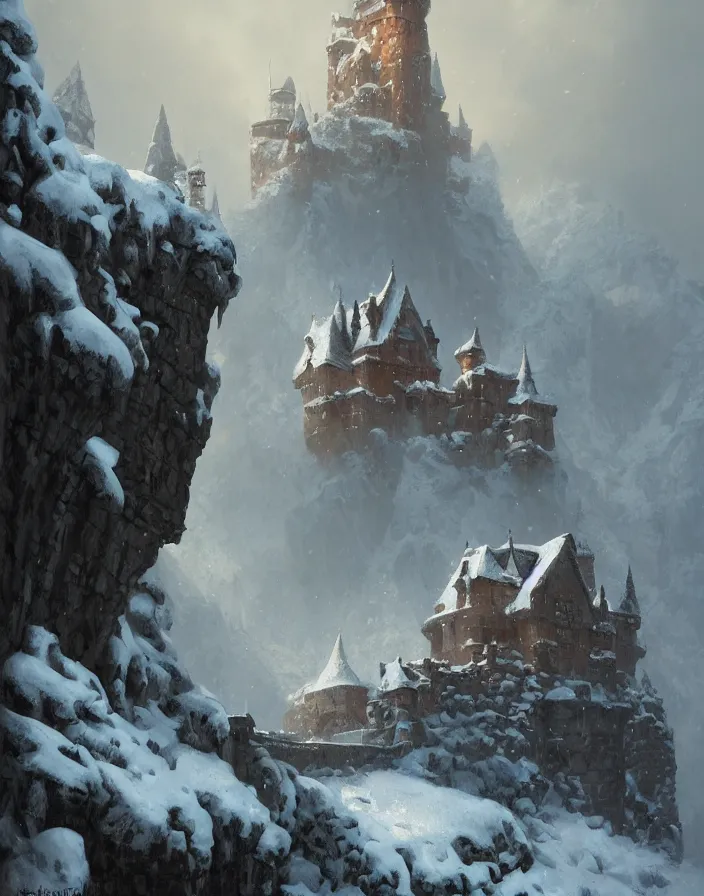 Image similar to a painting of a castle in the middle of a snowy mountain, a detailed matte painting by andreas rocha and greg rutkowski, featured on artstation, fantasy art, matte drawing, matte painting, artstation hq