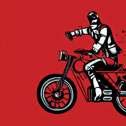 Prompt: An illustration of a mechanical punk motorcyclist carrying a samurai sword , on a red background, by matt griffin