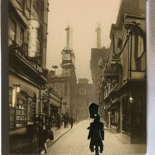 Image similar to a street level Polaroid of a steampunk victorian city street, with people walking on the streets, at night