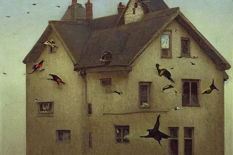 Image similar to a house with birds flying on too of it, insanely detailed, Michael Sowa