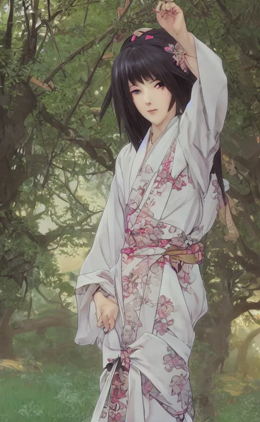 Image similar to front portrait of a girl walking, sakura tree in background, yukata clothing, battlefield in background, anime style, short hair, hair down, symmetrical facial features, from arknights, hyper realistic, 4 k, extreme detail, detailed drawing, trending artstation, realistic lighting, by alphonse mucha, greg rutkowski, sharp focus, backlit