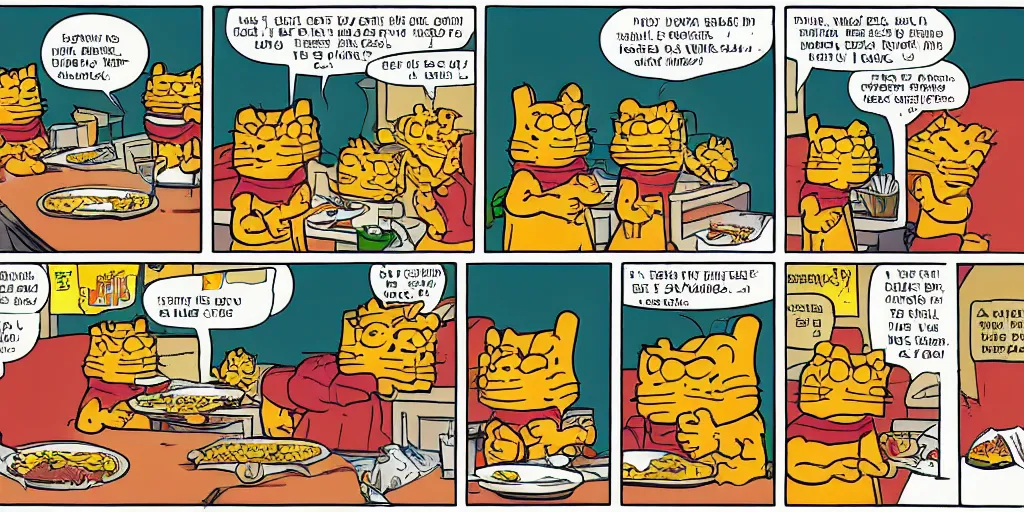 Image similar to three panel garfield comic strip about taco bell.