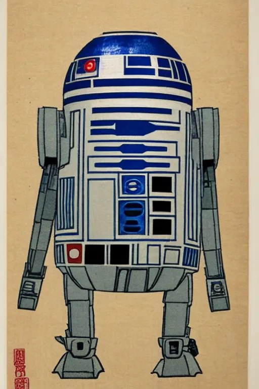 Image similar to Japanese woodblock print of r2d2