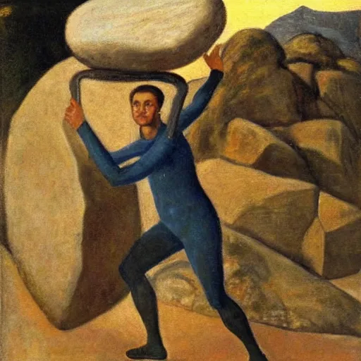 Image similar to a painting of benjamin netanyahu as sisyphus, carrying large boulder on shoulders, mountain background, by franz stuck