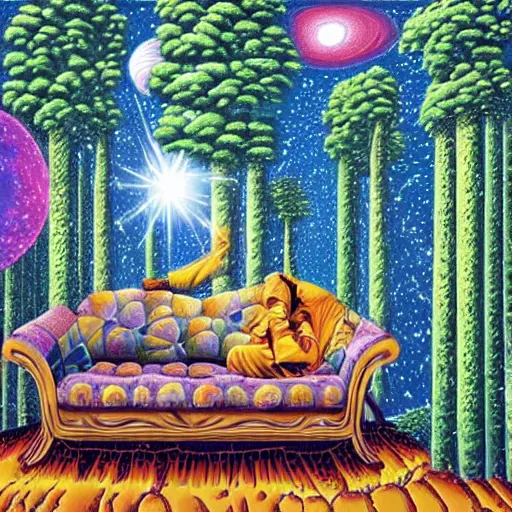 Image similar to psychedelic trippy couch pine forest planets milky way sofa cartoon by rob gonsalves