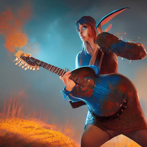 Prompt: An epic fantasy comic book style portrait painting of a bunny playing the guitar, unreal 5, DAZ, hyperrealistic, octane render, cosplay, RPG portrait, dynamic lighting