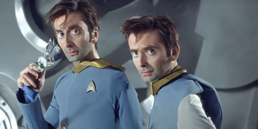 Prompt: David Tennant as Doctor Who in the role of Captain Kirk in a scene from Star Trek the original series