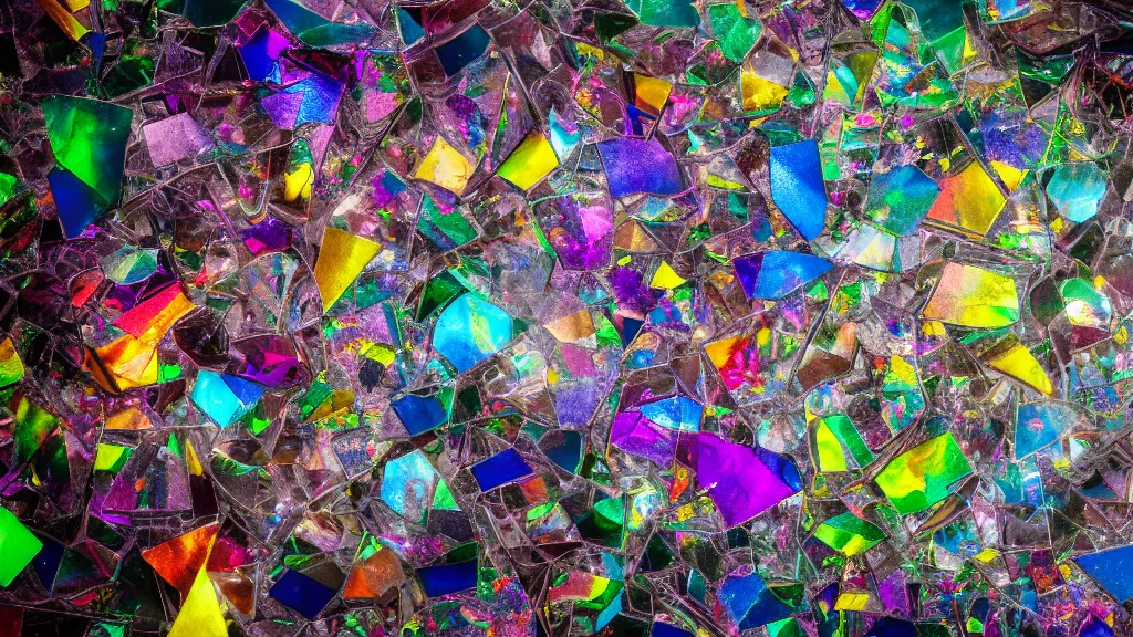 Image similar to A still shot of rainbow light, scattered amongst the prismatic shards of a broken mirror, studio lighting, 4k photo