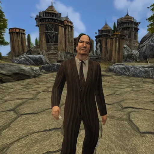 Image similar to saul goodman visits cyrodiil, oblivion, highly detailed, realistic, elder scrolls, adventuring gear, business suit