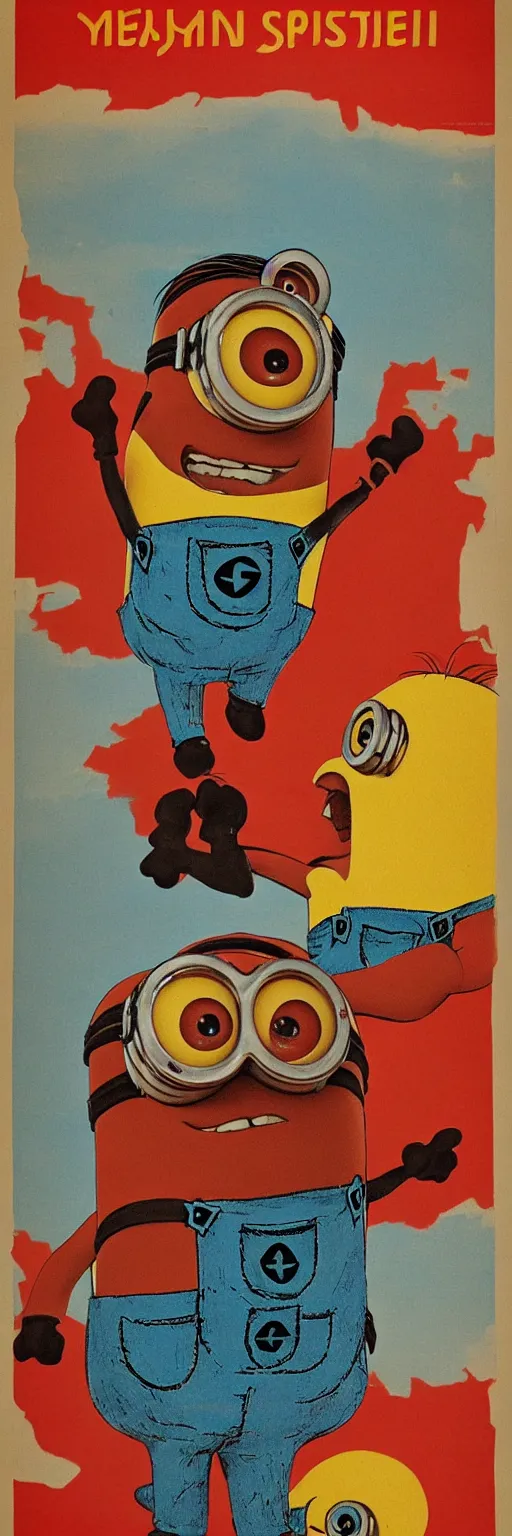 Image similar to Minion on old Soviet poster, high quality, warm colours, red colours