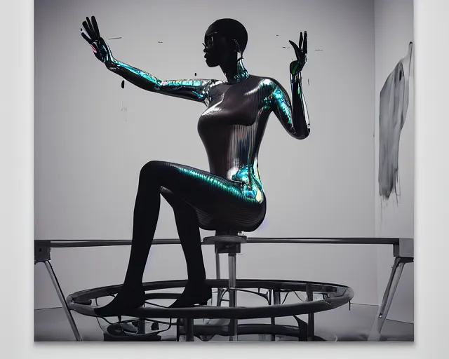 Image similar to portrait of a transforming model wearing futuristic bodysuit doing poses on a rotating platform in a photography studio surrounded by lights by james jean and luc tuymans and beeple and hernan bas and pat steir and hilma af klint, psychological, 3 d, dripping paint, high quality render, masterpiece