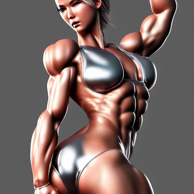 Image similar to muscle girl, chrome, highly detailed, 4 k, hdr, smooth, sharp focus, high resolution, award - winning photo, sakimichan, photorealistic