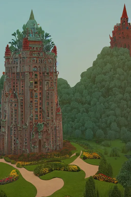 Image similar to distance view of the painted tower of the moon in its gardens fairytale illustration, carved balconies, tall windows, formal flower gardens, dramatic cinematic lighting, rich colors, golden age illustration, by Ludwig Deutsch and April Gornik and (Edmund Dulac and Nicholas Roerich),unreal engine