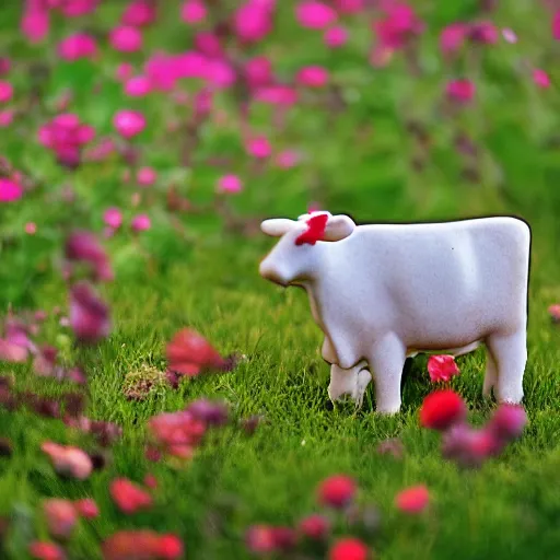 Image similar to a little cow in a field surrounded by flowers, tilt shift photo