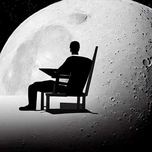 Prompt: 3 d, ultra realism, pencil art, extra detail, back of a man sitting on his chair with a desk and his futuristic laptop, on the moon, with the universe in the background