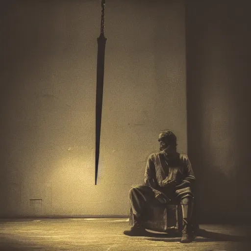 Image similar to a sword hanging over a man sitting in the dark cinematic 3 5 mm moody hdr