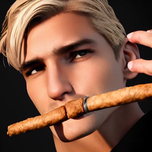 Image similar to a closeup photo of handsome gigachad xqc smoking a cigar, 8k photorealism, extremly detailed, trending on artstation