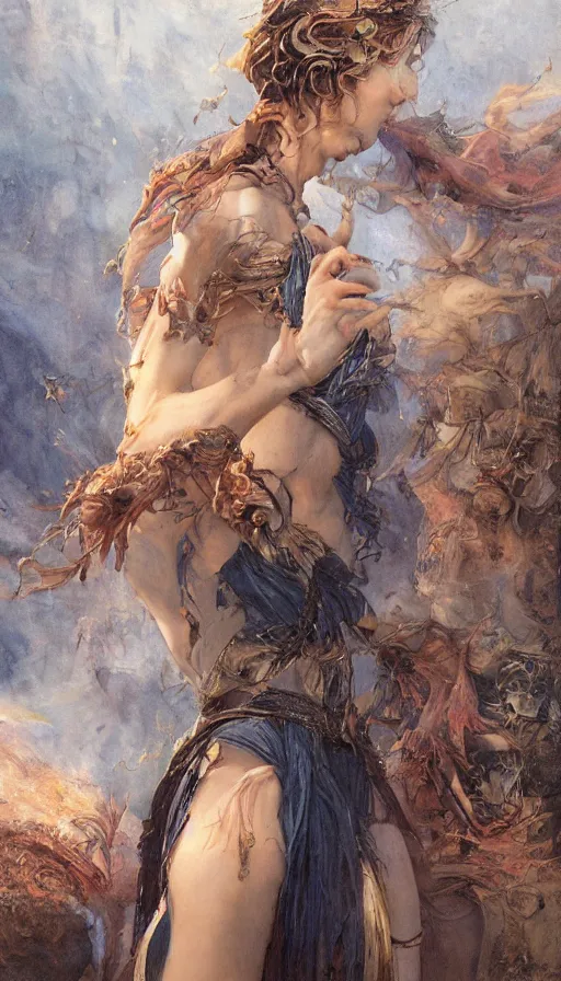 Image similar to epic masterpiece goddess of fire, sweaty skin, hyperrealistic, octane render, cinematic, beautiful face and flawless skin, perfect hands, 5 fingers, by Edgar Maxence and Ross Tran and Michael Whelan, Legends of Runeterra