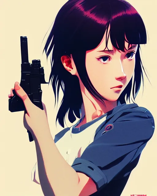 Prompt: girl holding a pistol | | very very anime!!!, fine - face, audrey plaza, realistic shaded perfect face, fine details. anime. realistic shaded lighting poster by ilya kuvshinov katsuhiro otomo ghost - in - the - shell, magali villeneuve, artgerm, jeremy lipkin and michael garmash and rob rey