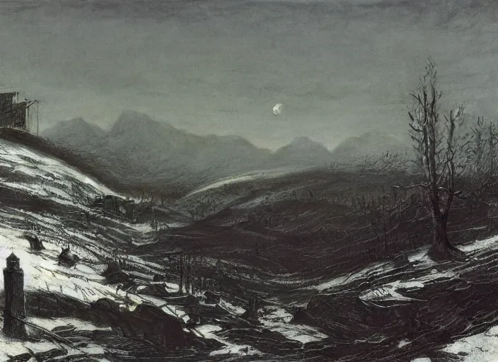 Image similar to an old research facility sits on a remote mountain. the cold seems to creep over everything and consume it entirely, leaving only black and frozen corpses, by atkinson grimshaw john