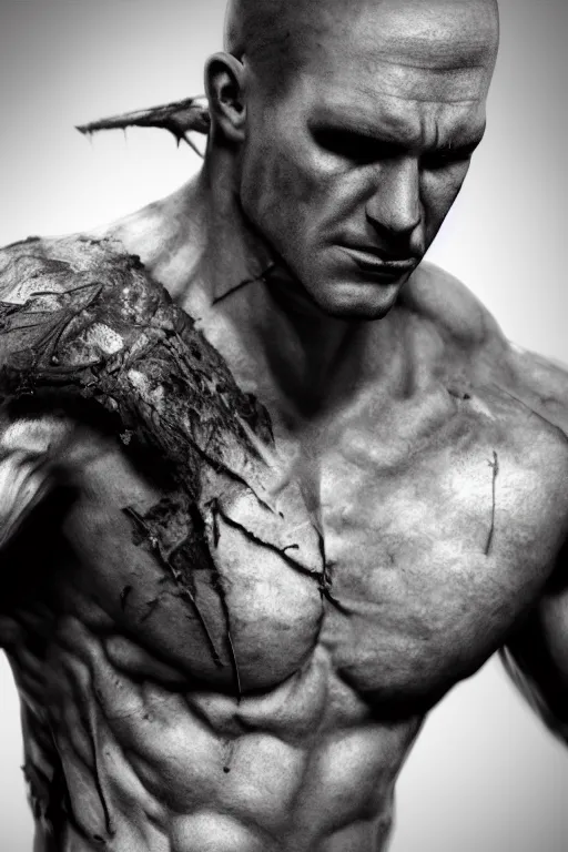 Image similar to a single muscular man wearing torn clothes, looking to the right, profile picture, hyperrealistic, concept art, octane render, unreal engine 5, trending on artstation, high quality, highly detailed, 8 k, dramatic lighting, cinematic, high coherence, anatomically correct, five fingers, digital art, seductive, black and white
