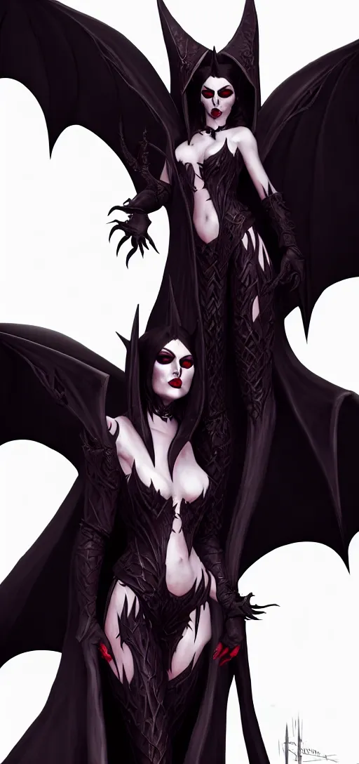 Image similar to close up painting a beautiful vampire queen in gothic robes with bat wings, elegant, highly detailed, artstation, blizzard concept art