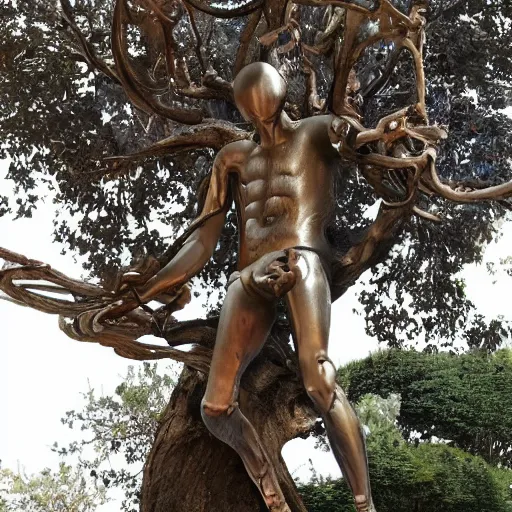 Image similar to a human man statue stuck in a cosmic tree, a sense of awe, amazement, monogon, plasma display, wooden, silver, mercury, damascus, armature wire, multiscopy, morph, in a symbolic and meaningful style, insanely detailed and intricate, hypermaximalist, elegant, ornate, hyper realistic, super detailed,