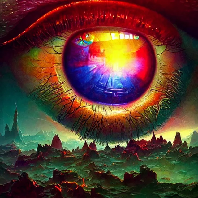 Prompt: microscopic view of the human eye, fantasy landscape inside the eye, illuminati eye, colorful, sharp and focus, ultra detailed, beautifully lit, in the art style of marc simonetti and john harris