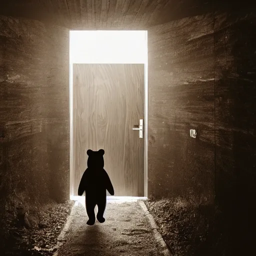 Image similar to dark photograph of a small bear mascot walking through a large wooden doorway