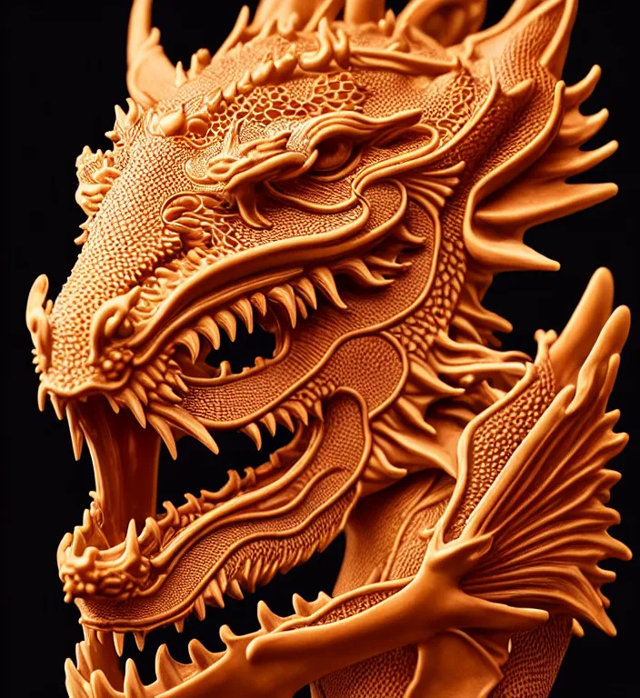 Image similar to Dragon, A Close up photo-real delicate ceramic porcelain sculpture of a symmetrical ornate detailed in front of an intricate background by Victo Ngai and takato yamamoto, micro detail, backlit lighting, face in focus, subsurface scattering, translucent, thin porcelain, octane renderer, colorful, physically based rendering, japanese pottery, trending on cgsociety