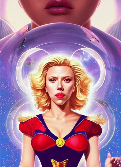 Prompt: perfectly centred realistic picture of scarlett johansson as a sailor moon, calls on the phone at futuristic office, highly detailed, 8 0 - s style poster, sharp focus, illustration, art by jonathan yeo,