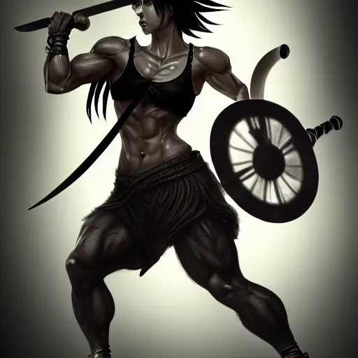 Prompt: an action photo of a black haired woman in a black tank top in a sword fight, muscular upper body, abs, d & d, fantasy, intricate, elegant, highly detailed, realistic, trending on artstation