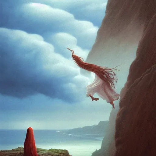 Prompt: a hyperrealistic painting of a beautiful woman with flowing robes standing on the edge of a tall cliff, blue skies, swirling clouds, by john kenn mortensen and zdzislaw beksinski, highly detailed, vivid color,