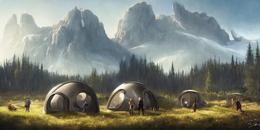 Image similar to cabela's tent futuristic pop up family pod, cabin, modular, person in foreground, mountainous forested wilderness open fields, beautiful views, painterly concept art, joanna gaines, environmental concept art, farmhouse, magnolia, concept art illustration by ross tran, by james gurney, by craig mullins, by greg rutkowski trending on artstation