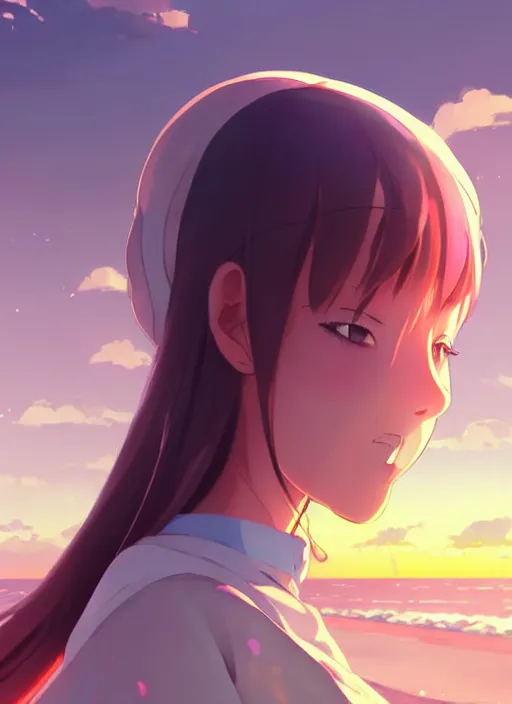 Image similar to side portrait of cute girl, sunset sky in background, beach landscape, illustration concept art anime key visual trending pixiv fanbox by wlop and greg rutkowski and makoto shinkai and studio ghibli and kyoto animation, futuristic wheelchair, symmetrical facial features, should eyes, future clothing, realistic anatomy, backlit, realistic face