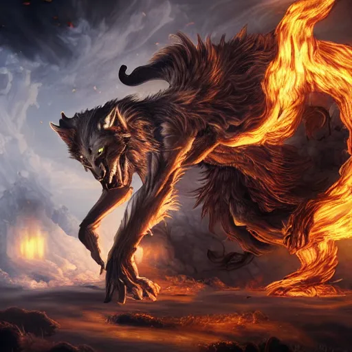 Image similar to A epic and beautiful rococo painting of a Werewolf using a burning laboratory. Castlevania style. ultra-detailed. Anime, pixiv, UHD 8K CryEngine, octane render