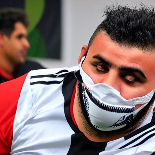 Prompt: overweight kurdish soccer player with face mask and great hair