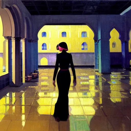 Prompt: action moment, beautiful woman portrait, courtyard, capital, cyberpunk mosque interior, control panel, watcher, omniscient, tech noir, wet reflections, impressionism, atmospheric, ambient, speed painting, edward hopper, syd mead