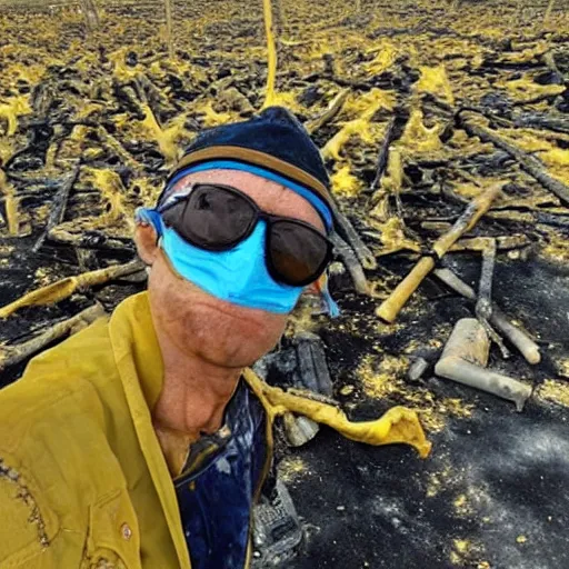 Image similar to , funny and frightened ukrainian burned to bones in dirty yellow and blue rags on the background of a huge nuclear explosion selfie 2 0 2 2, armageddon they will be dead and we go to paradise