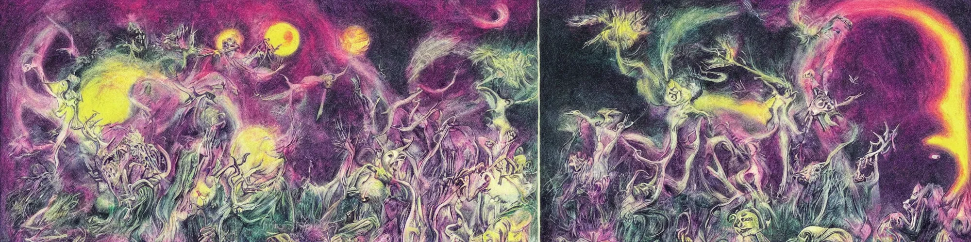 Prompt: dawn of creation ; first atom ; beings of light and darkness ; ethereal plane. bright neon colors. illustrated by maurice sendak and stephen gammell and junji ito and dr seuss