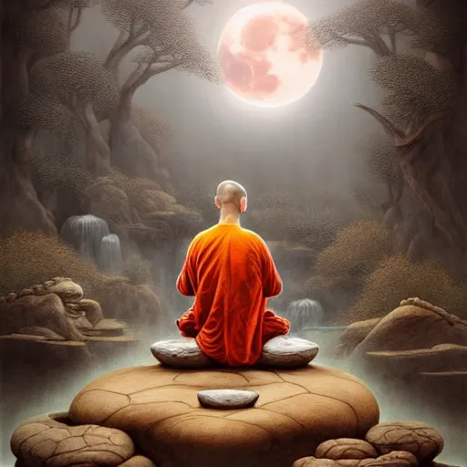 Image similar to an anthromorphic wolf dressed like a shaolin monk meditating in a zen garden with a waterfall under the blood moon, by Adi granov and afarin sajedi and amanda sage and evgeni gordiets and Agostino Arrivabene and adonna khare in a psychedelic portrait style, ultrarealistic matte painting, volumetric lighting, fractal, extremely symmetrical, highly detailed face, orisha, 8k, hd