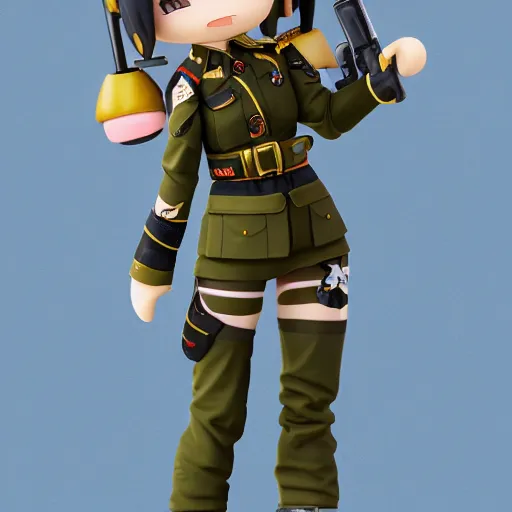 Image similar to a well built funny nendroid girl wearing a luxurious military uniform, highly detailed digital art, intricate, dark colors, cartoon lighting, 8 k