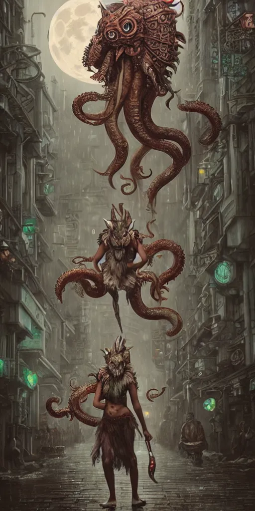 Image similar to hyper realistic Princess Mononoke fighting Cthulhu , ornate mask, wet market street, rainy atmosphere, full moon, cyberpunk metropolis, city landscape, jewels, full body pose, wolves, style of tom bagshaw, mucha, james gurney, norman rockwell, denoised, sharp