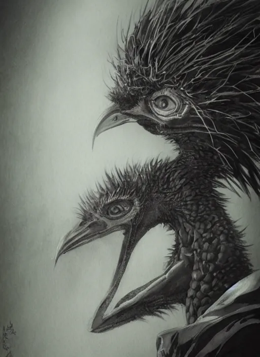 Image similar to portrait, goth emu, watercolor, dramatic lighting, cinematic, establishing shot, extremely high detail, foto realistic, cinematic lighting, pen and ink, intricate line drawings, by Yoshitaka Amano, Ruan Jia, Kentaro Miura, Artgerm, post processed, concept art, artstation, matte painting, style by eddie mendoza, raphael lacoste, alex ross