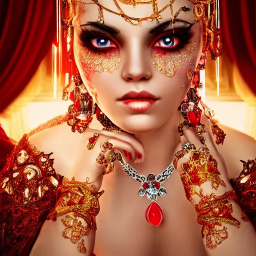 Image similar to wonderful princess with smooth fair skin, alluring eyes, red eyeshadow, red jewelry, breathtaking, elegant, intricate, ornate backdrop, hyper detailed, accent lighting, 4 k glamour photography, octane render